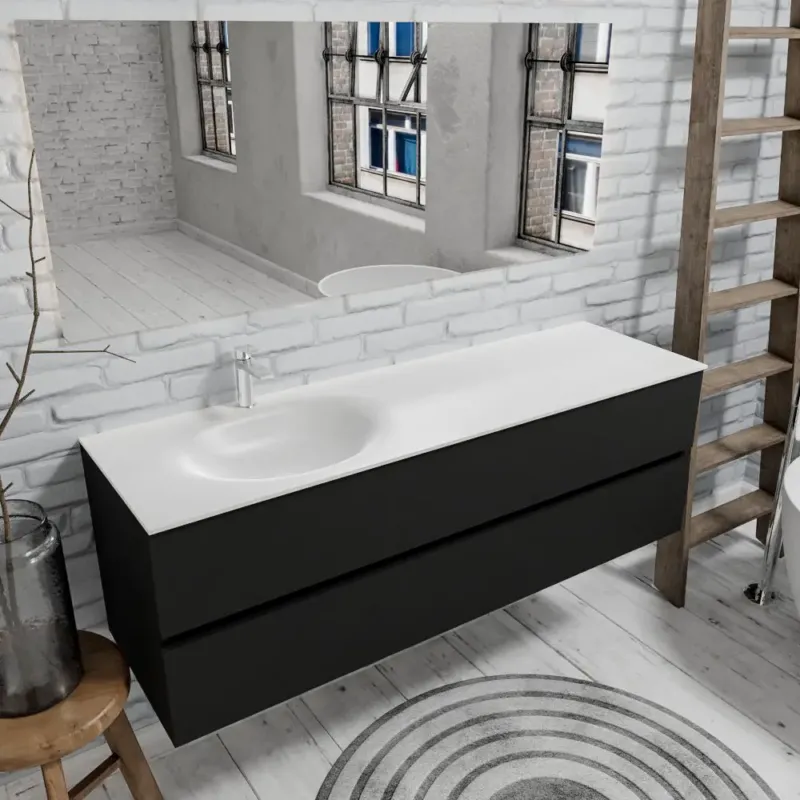 Zaro Sevilla Solid Surface badmeubel 150cm mat zwart 1 kraangat met 2 lades spoelbak links Actieprijs