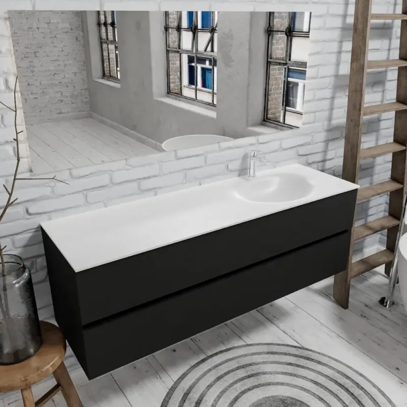 Zaro Sevilla Solid Surface badmeubel 150cm mat zwart 1 kraangat met 2 lades spoelbak rechts Gratis Retour