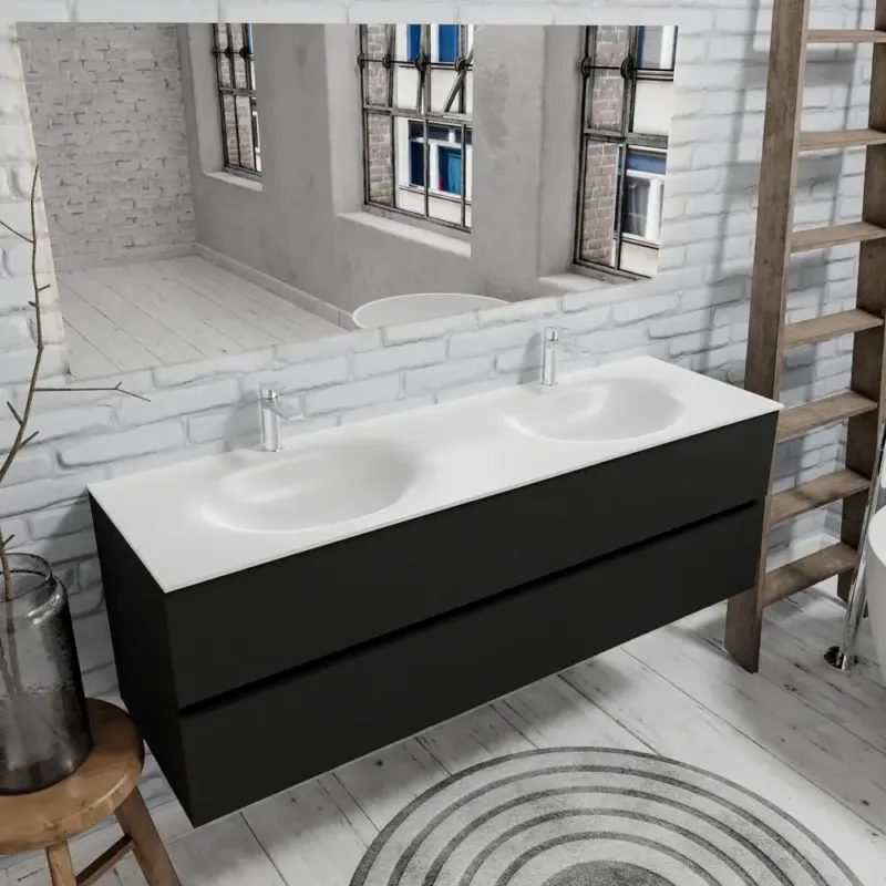 Zaro Sevilla Solid Surface badmeubel 150cm mat zwart 2 kraangaten met 2 lades dubbele spoelbak Fabrieksprijs