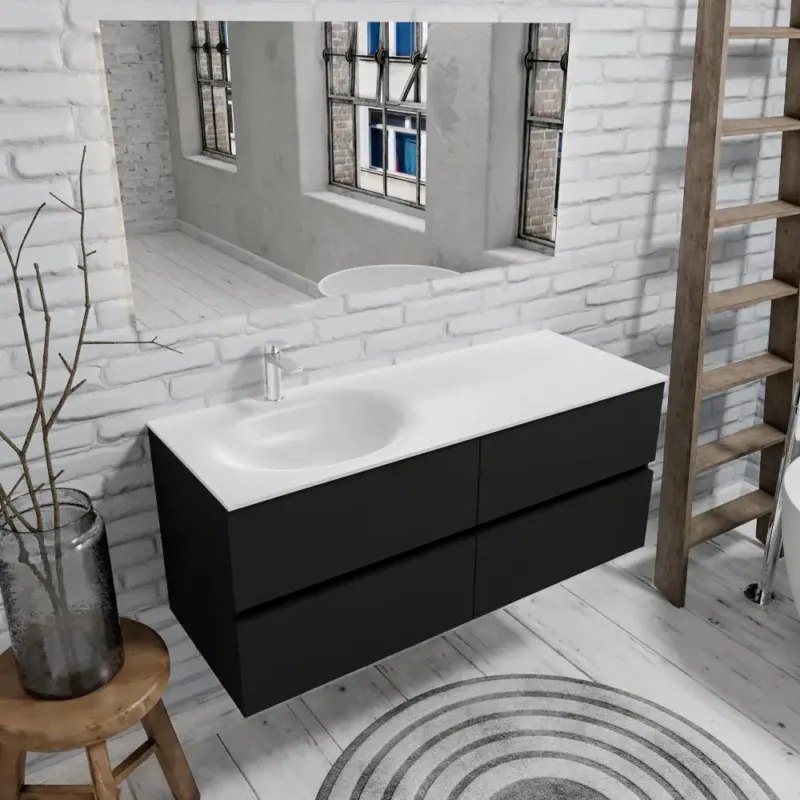 Zaro Sevilla Solid Surface badmeubel 120cm mat zwart 1 kraangat met 4 lades spoelbak links Gratis Retour