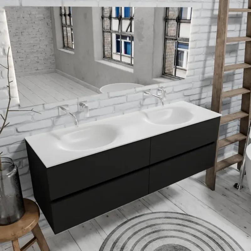 Gratis Retour Zaro Sevilla Solid Surface badmeubel 150cm mat zwart geen kraangaten met 4 lades dubbele spoelbak