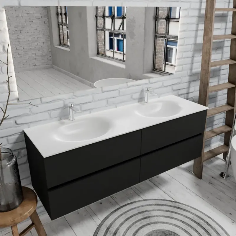 Zaro Sevilla Solid Surface badmeubel 150cm mat zwart 2 kraangaten met 4 lades dubbele spoelbak Bestel Nu