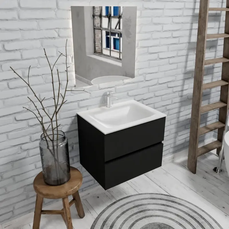Zaro Valencia mat zwart badmeubel 60cm met Solid Surface wastafel 1 kraangat 2 lades Laatste Versie