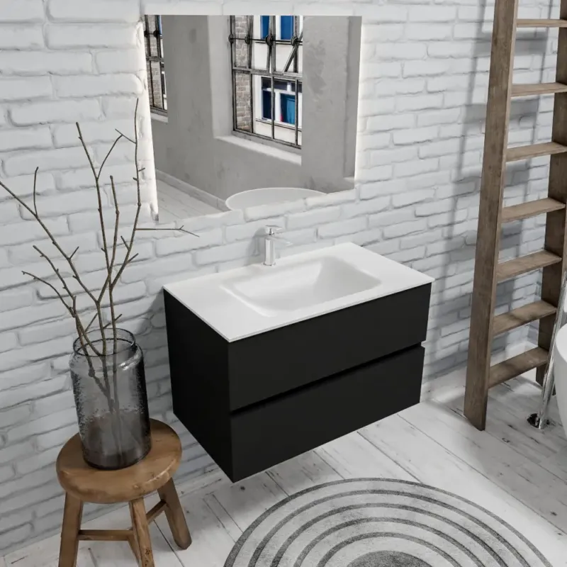 Koop Vandaag Zaro Valencia mat zwart badmeubel 80cm met Solid Surface wastafel 1 kraangat 2 lades