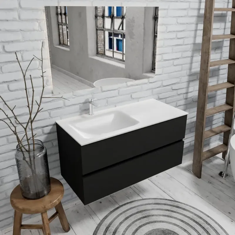 Zaro Valencia mat zwart badmeubel 100cm met Solid Surface wastafel 1 kraangat spoelbak links 2 lades Superprijs