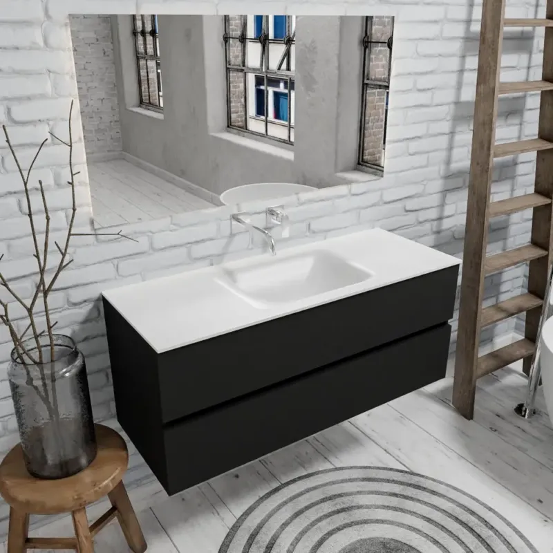Zaro Valencia mat zwart badmeubel 120cm met Solid Surface wastafel zonder kraangat spoelbak midden 2 lades Shop Nu