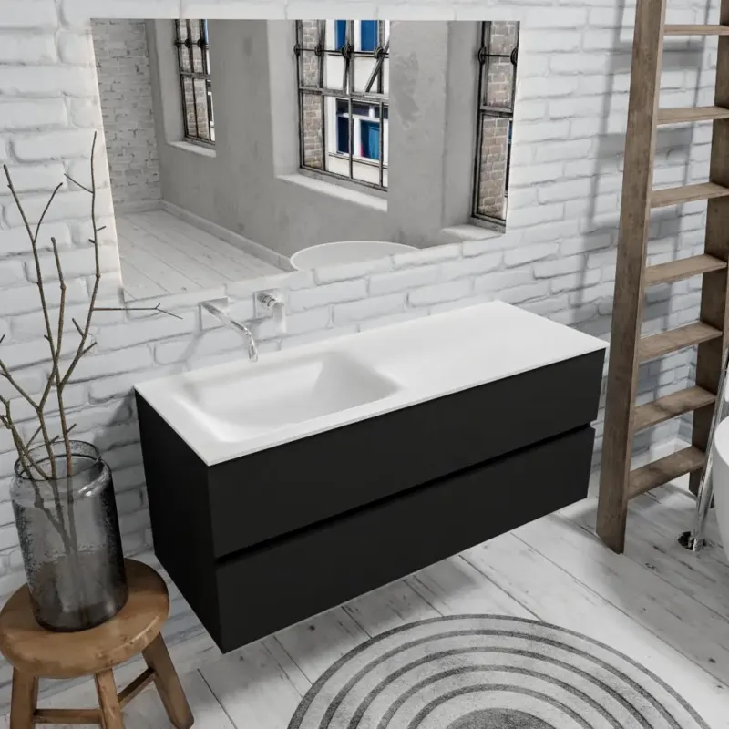 Zaro Valencia mat zwart badmeubel 120cm met Solid Surface wastafel zonder kraangat spoelbak links 2 lades Meest Verkocht