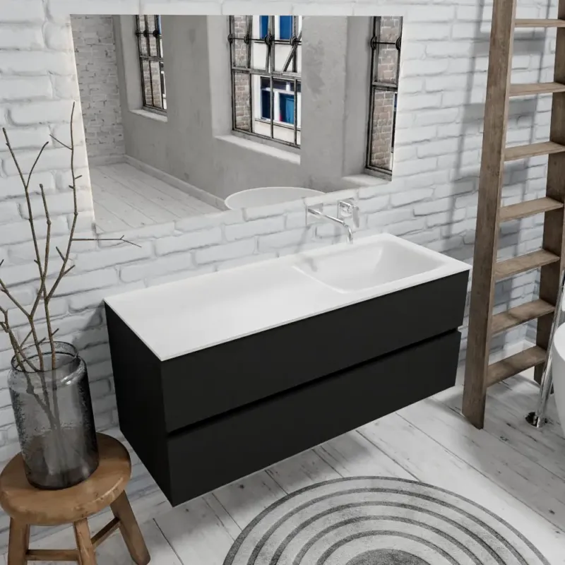 Zaro Valencia mat zwart badmeubel 120cm met Solid Surface wastafel zonder kraangat spoelbak rechts 2 lades Betrouwbaar