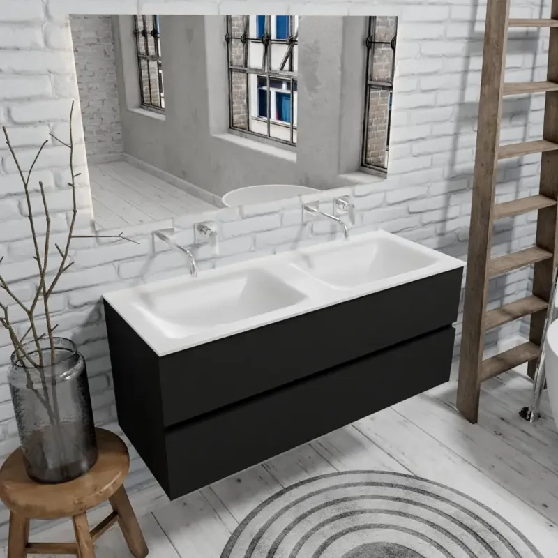 Lage Prijs Zaro Valencia mat zwart badmeubel 120cm met Solid Surface wastafel zonder kraangat dubbele spoelbak 2 lades