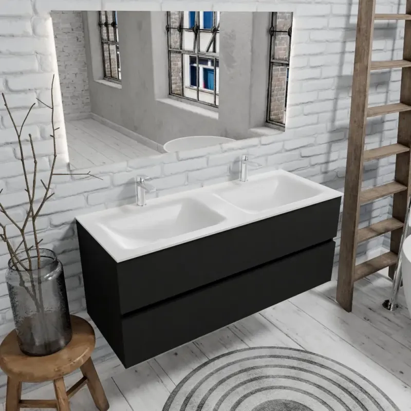 Zaro Valencia mat zwart badmeubel 120cm met Solid Surface wastafel 2 kraangaten dubbele spoelbak 2 lades Meest Verkocht