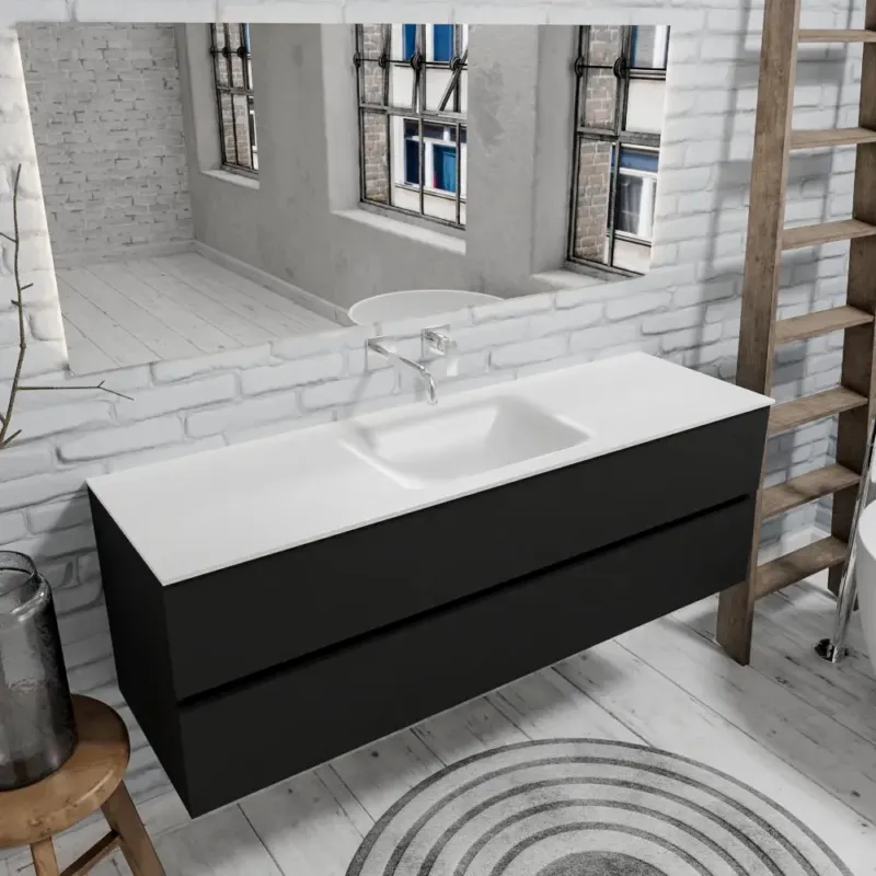 Zaro Valencia mat zwart badmeubel 150cm met Solid Surface wastafel zonder kraangat spoelbak midden 2 lades Laatste Kans