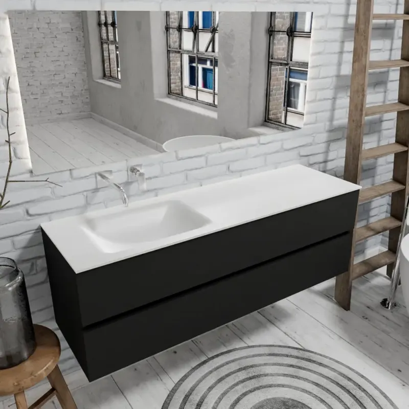 Direct Verzonden Zaro Valencia mat zwart badmeubel 150cm met Solid Surface wastafel zonder kraangat spoelbak links 2 lades