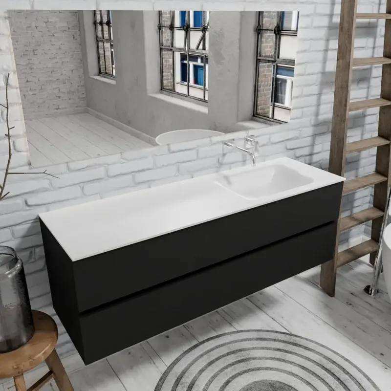Exclusieve Aanbieding Zaro Valencia mat zwart badmeubel 150cm met Solid Surface wastafel zonder kraangat spoelbak rechts 2 lades