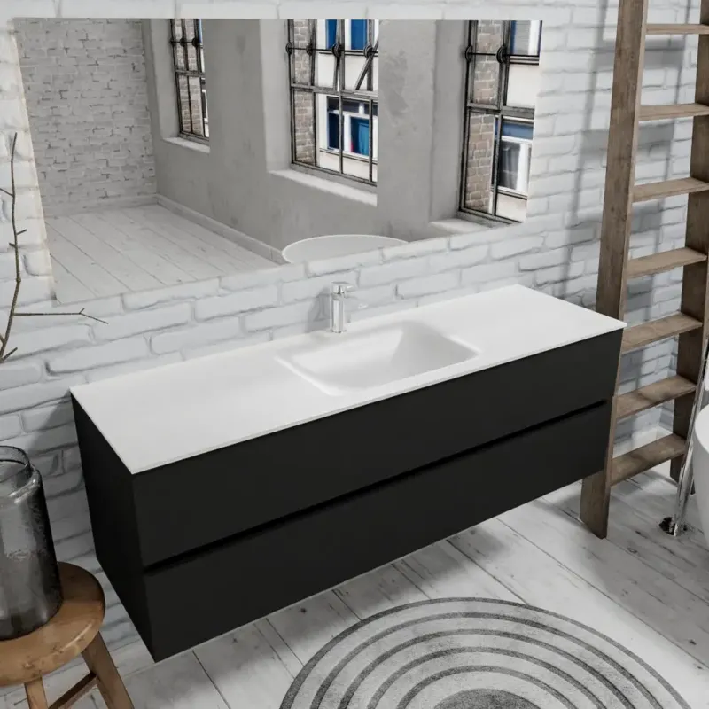 Zaro Valencia mat zwart badmeubel 150cm met Solid Surface wastafel 1 kraangat spoelbak midden 2 lades Dagaanbieding