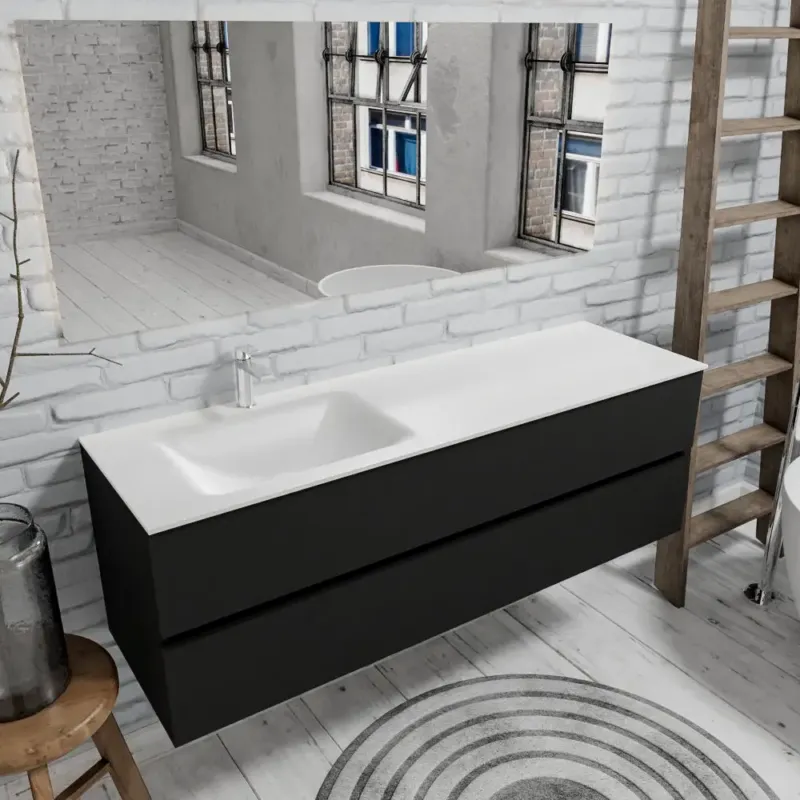 Zaro Valencia mat zwart badmeubel 150cm met Solid Surface wastafel 1 kraangat spoelbak links 2 lades Premium