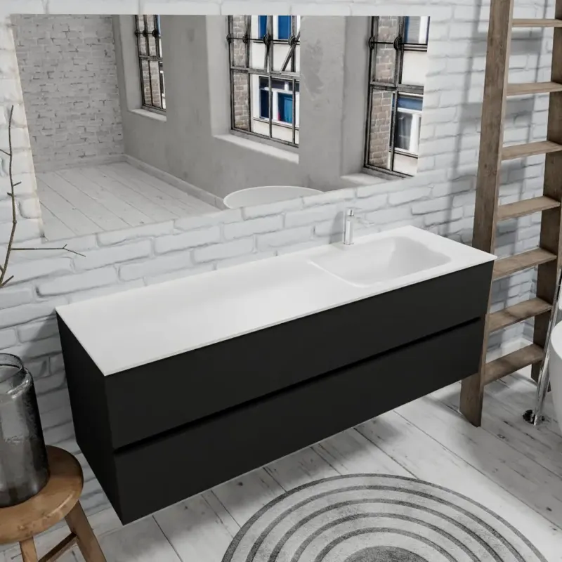 Zaro Valencia mat zwart badmeubel 150cm met Solid Surface wastafel 1 kraangat spoelbak rechts 2 lades Koop Vandaag