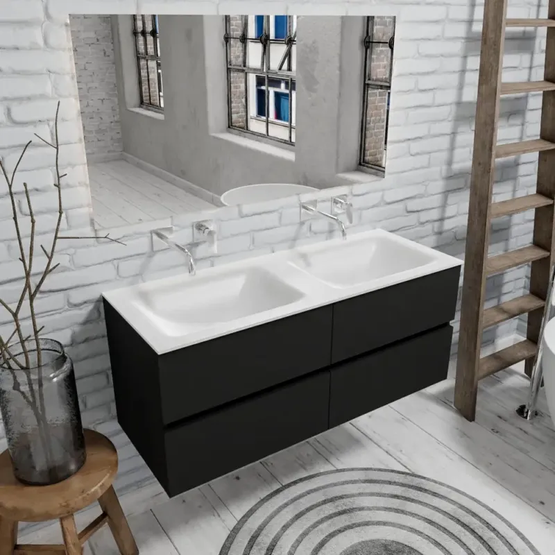 Zaro Valencia mat zwart badmeubel 120cm met Solid Surface wastafel zonder kraangaten dubbele spoelbak 4 lades Flitsaanbieding