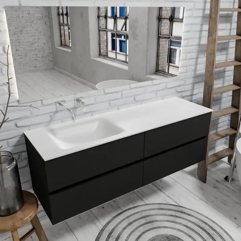 Zaro Valencia mat zwart badmeubel 150cm met Solid Surface wastafel geen kraangat spoelbak links 4 lades Finale Uitverkoop