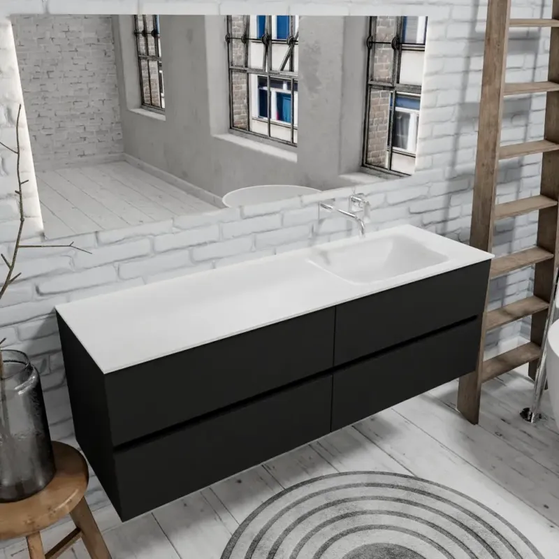 Zaro Valencia mat zwart badmeubel 150cm met Solid Surface wastafel geen kraangat spoelbak rechts 4 lades Speciale Aanbieding