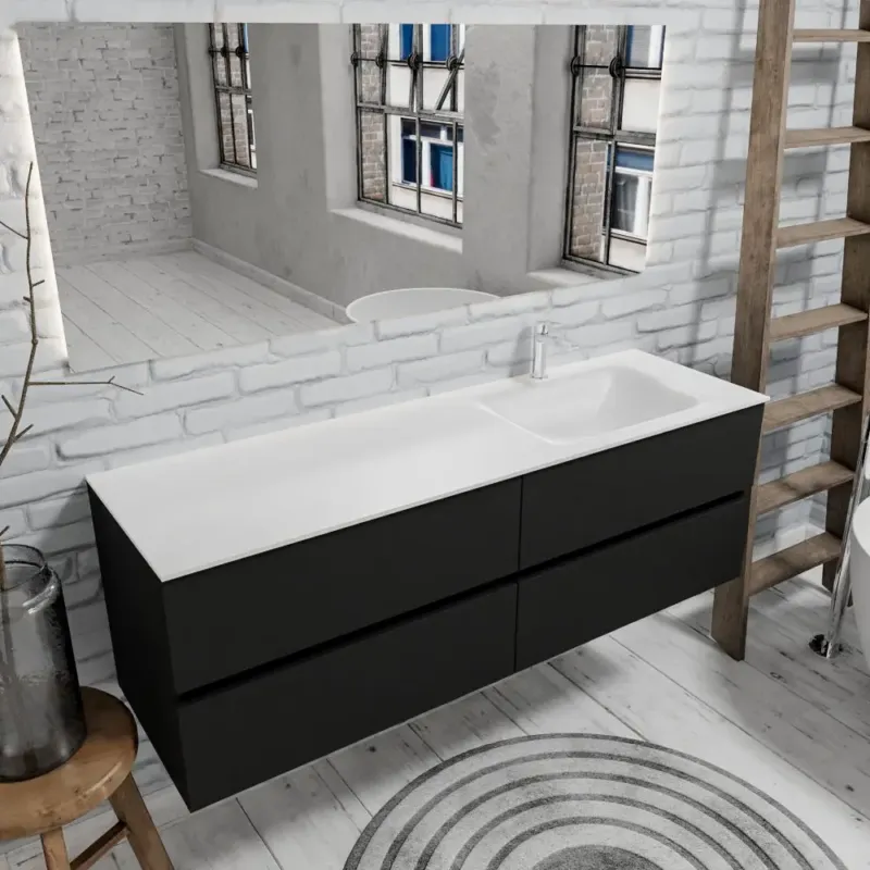 Zaro Valencia mat zwart badmeubel 150cm met Solid Surface wastafel 1 kraangat spoelbak rechts 4 lades Alleen Vandaag