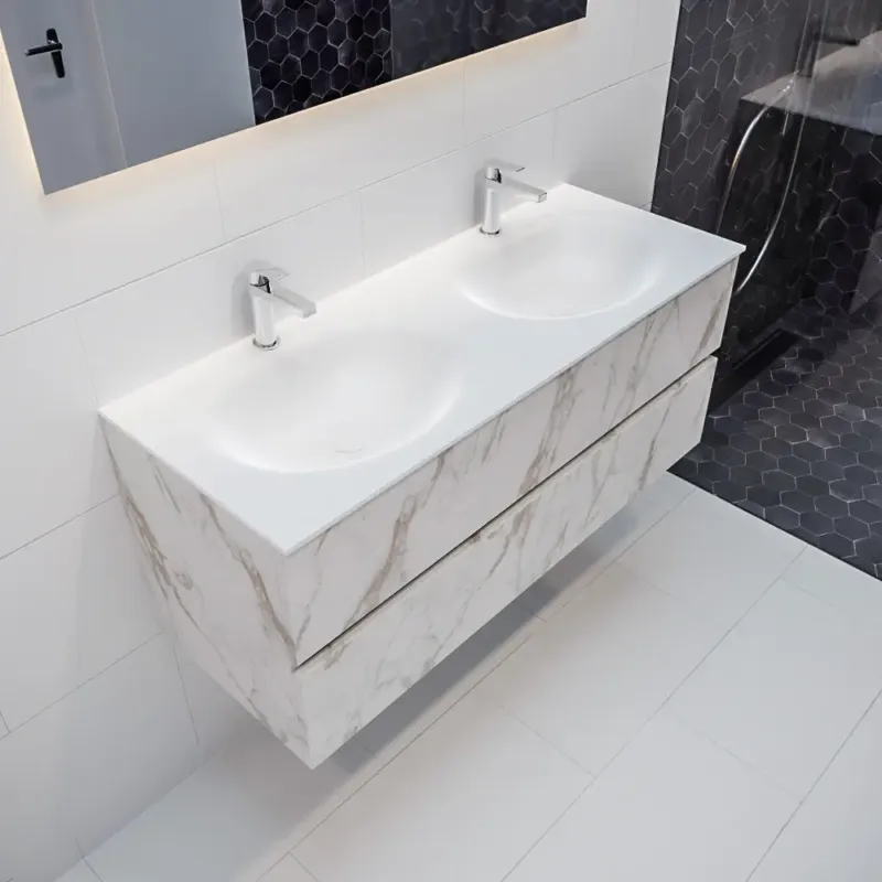 Actieprijs Mondiaz Vica 120cm badmeubel carrara 2 lades wastafel Moon dubbel 2 kraangaten