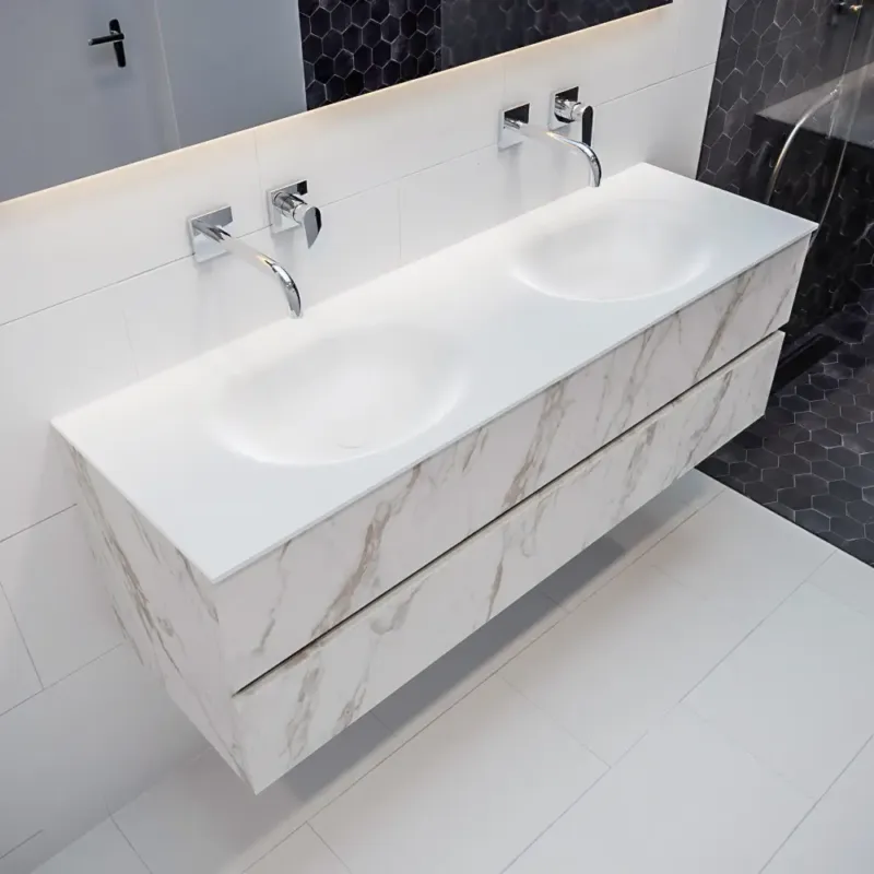 Populair Mondiaz Vica 150cm badmeubel carrara 2 lades wastafel Moon dubbel geen kraangat