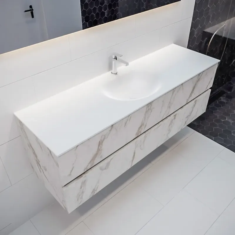 Aanbieding Mondiaz Vica 150cm badmeubel carrara 2 lades wastafel Moon midden met 1 kraangat