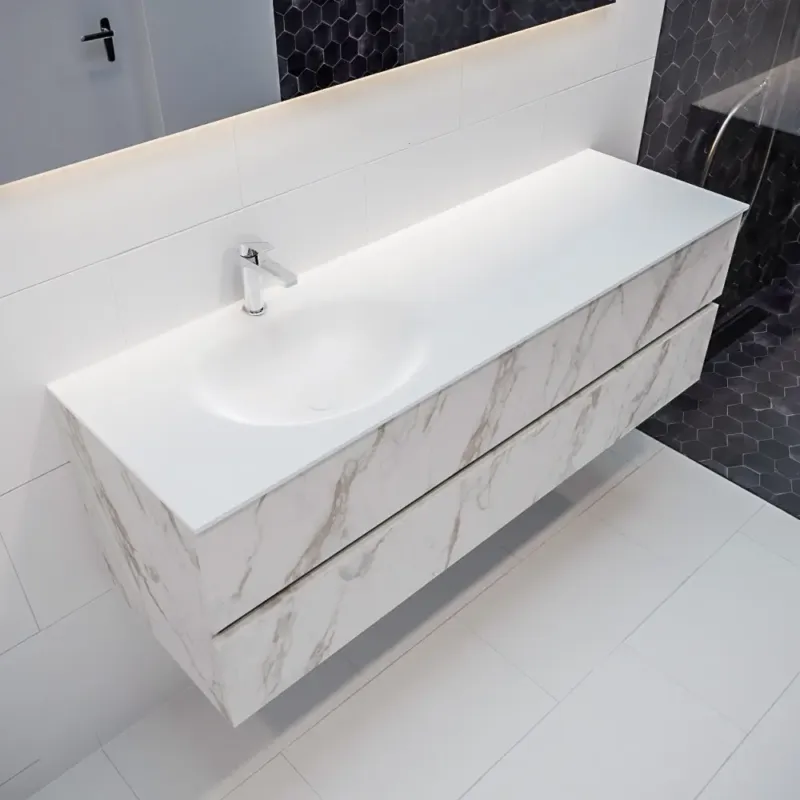 Express Levering Mondiaz Vica 150cm badmeubel carrara 2 lades wastafel Moon links met 1 kraangat