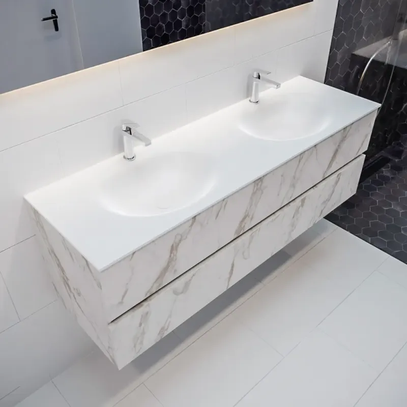 Rechtstreeks Van De Fabrikant Mondiaz Vica 150cm badmeubel carrara 2 lades wastafel Moon dubbel 2 kraangaten