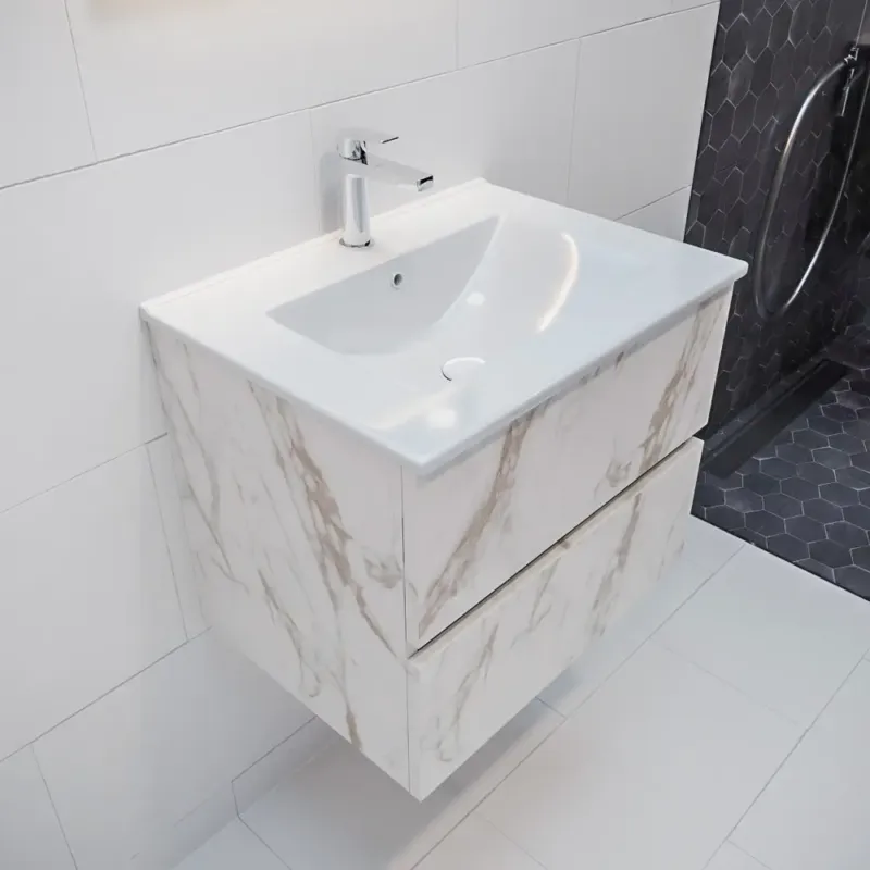 Mondiaz Vica 60cm badmeubel carrara 2 lades wastafel Denia midden met 1 kraangat Dagaanbieding