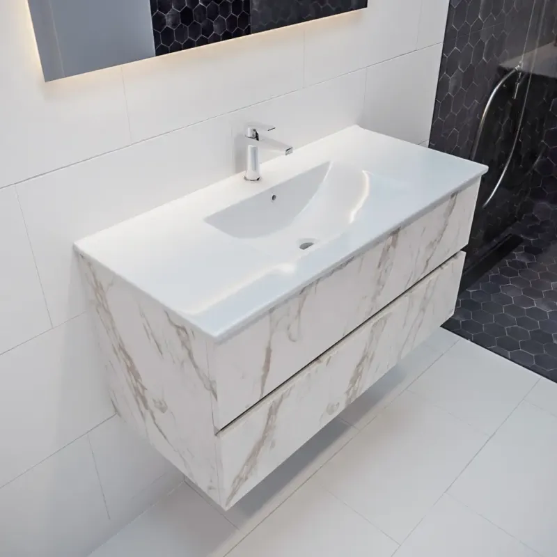 Actieprijs Mondiaz Vica 100cm badmeubel carrara 2 lades wastafel Denia midden 1 kraangat