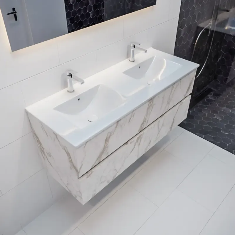 Mondiaz Vica 120cm badmeubel carrara 2 lades wastafel Denia dubbel 2 kraangaten Koopje