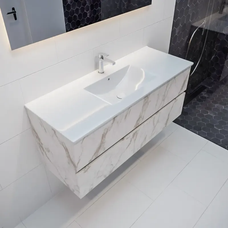 Flitsaanbieding Mondiaz Vica 120cm badmeubel carrara 2 lades wastafel Denia midden 1 kraangat