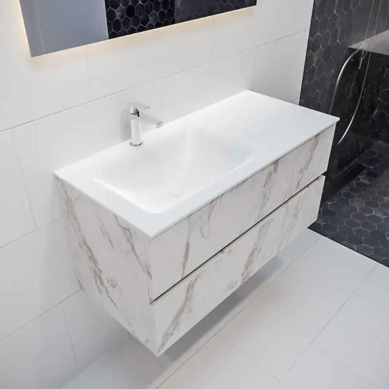 Laatste Kans Mondiaz Vica 100cm badmeubel carrara 2 lades wastafel Cloud links met 1 kraangat
