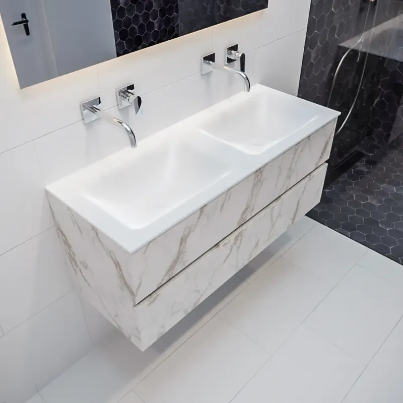 Lage Prijs Mondiaz Vica 120cm badmeubel carrara 2 lades wastafel Cloud dubbel geen kraangat