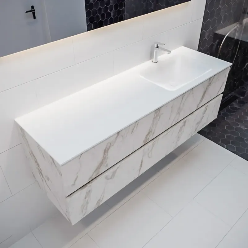 Bestel Nu Mondiaz Vica 150cm badmeubel carrara 2 lades wastafel Cloud rechts 1 kraangat