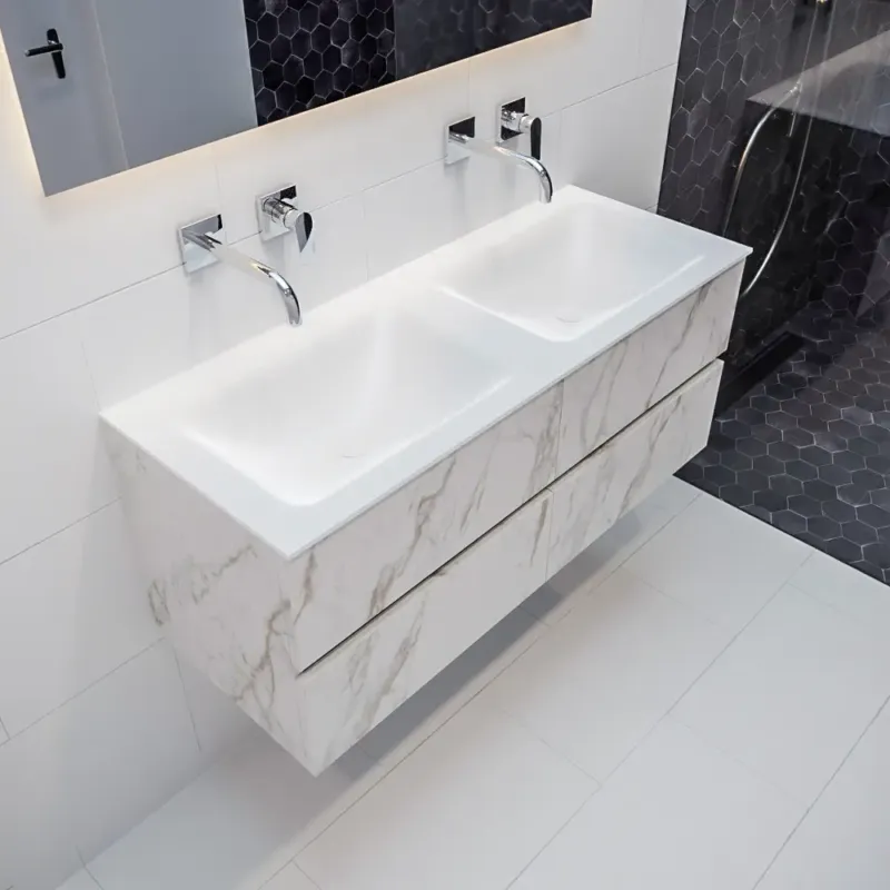 Exclusieve Aanbieding Mondiaz Vica 120cm badmeubel carrara 4 lades wastafel Cloud dubbel geen kraangat