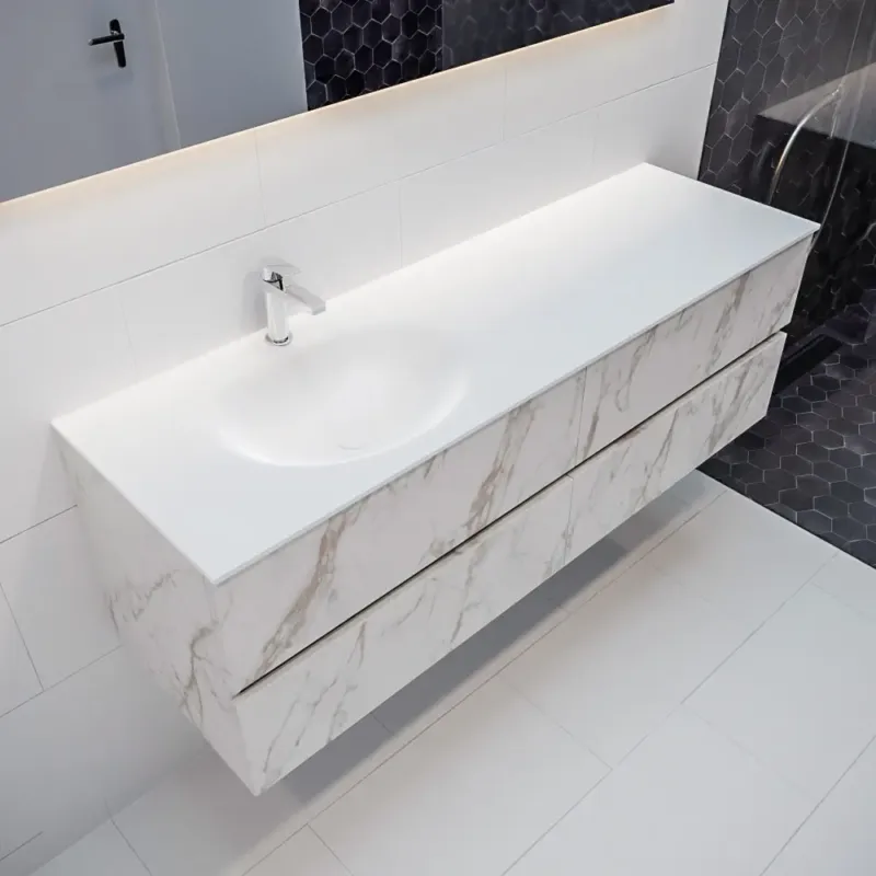 Laatste Kans Mondiaz Vica 150cm badmeubel carrara 4 lades wastafel Moon links met 1 kraangat