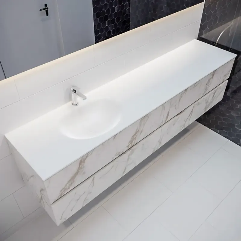 Laatste Kans Mondiaz Vica 200cm badmeubel carrara 4 lades wastafel Moon links met 1 kraangat