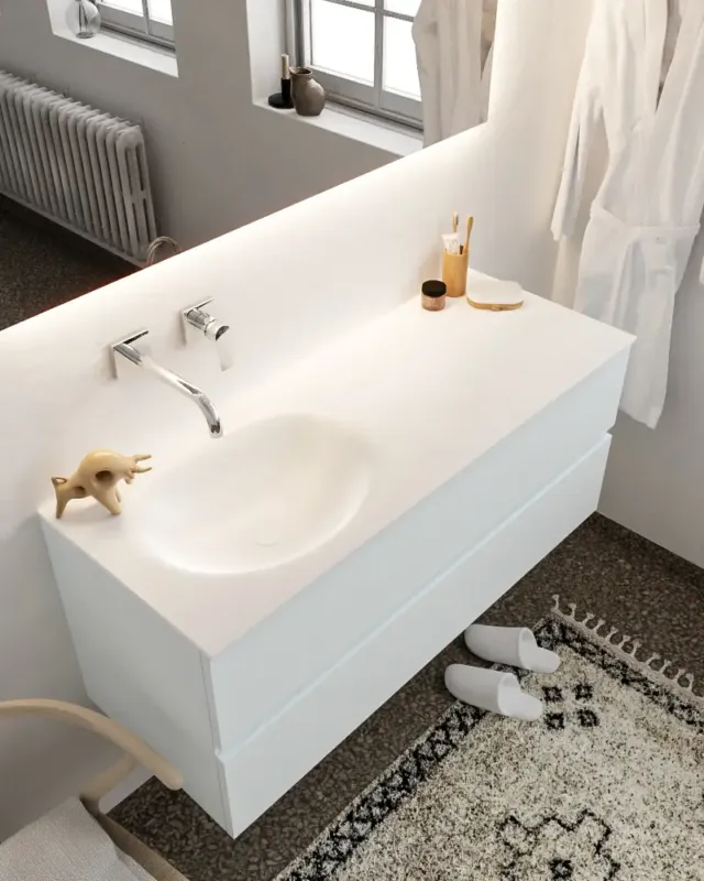 Exclusieve Aanbieding Mondiaz Vica 120cm badmeubel clay 2 lades wastafel Moon links zonder kraangat