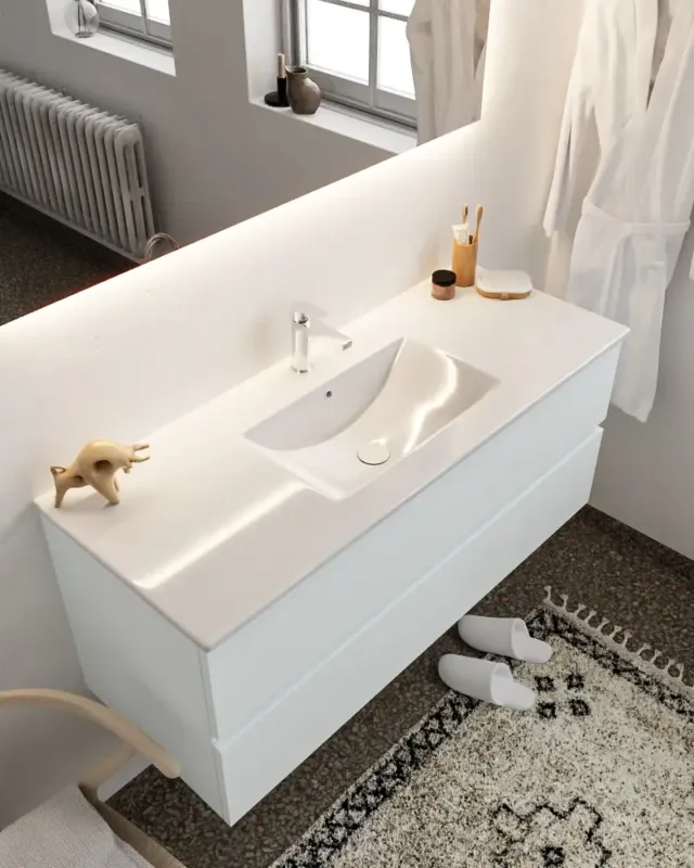 Lage Prijs Mondiaz Vica 120cm badmeubel clay 2 lades wastafel Denia midden met 1 kraangat