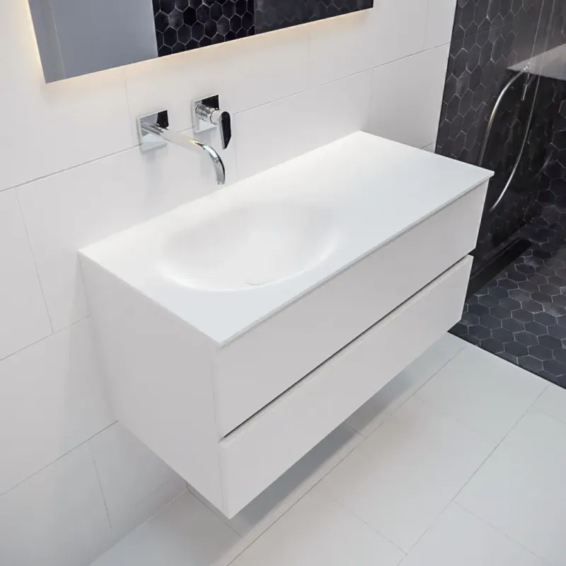 Voordeelprijs Mondiaz Vica 100cm badmeubel talc 2 lades wastafel Moon links zonder kraangat