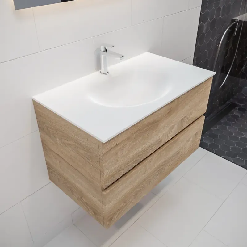 Laatste Kans Mondiaz Vica 80cm badmeubel washed oak 2 lades wastafel Moon midden 1 kraangat