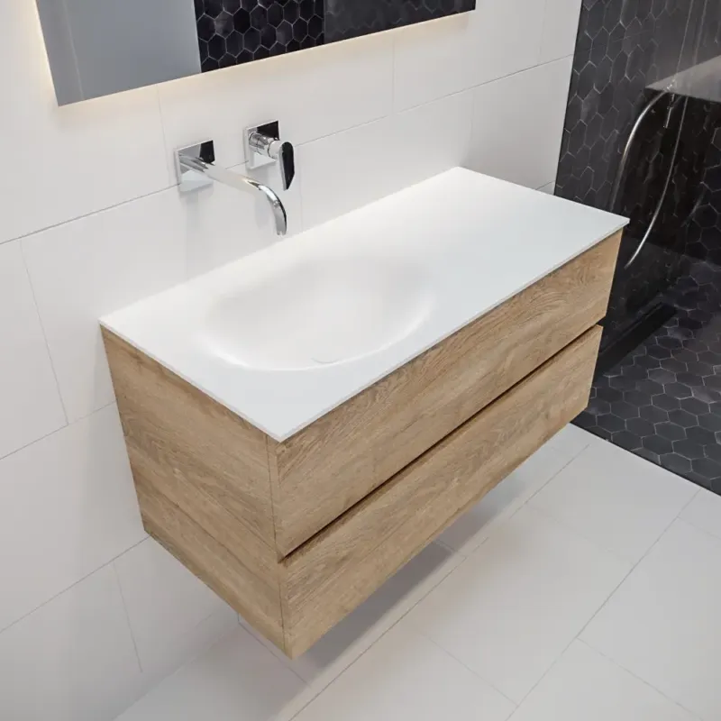 Gratis Retour Mondiaz Vica 100cm badmeubel washed oak 2 lades wastafel Moon links geen kraangat