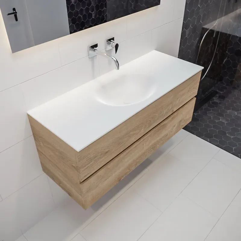 Bestel Nu Mondiaz Vica 120cm badmeubel washed oak 2 lades wastafel Moon midden geen kraangat