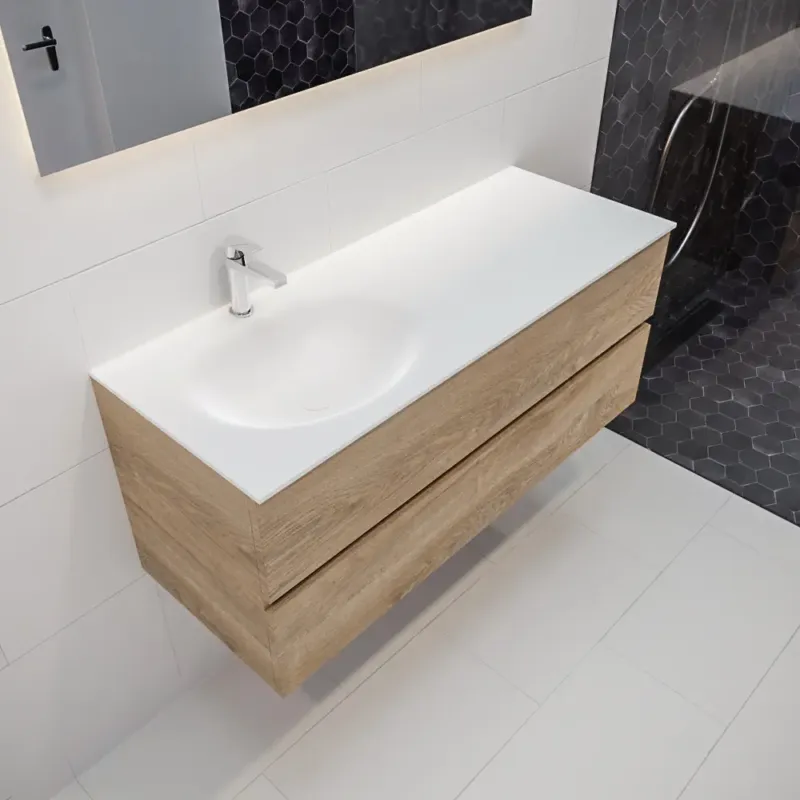 Direct Beschikbaar Mondiaz Vica 120cm badmeubel washed oak 2 lades wastafel Moon links 1 kraangat