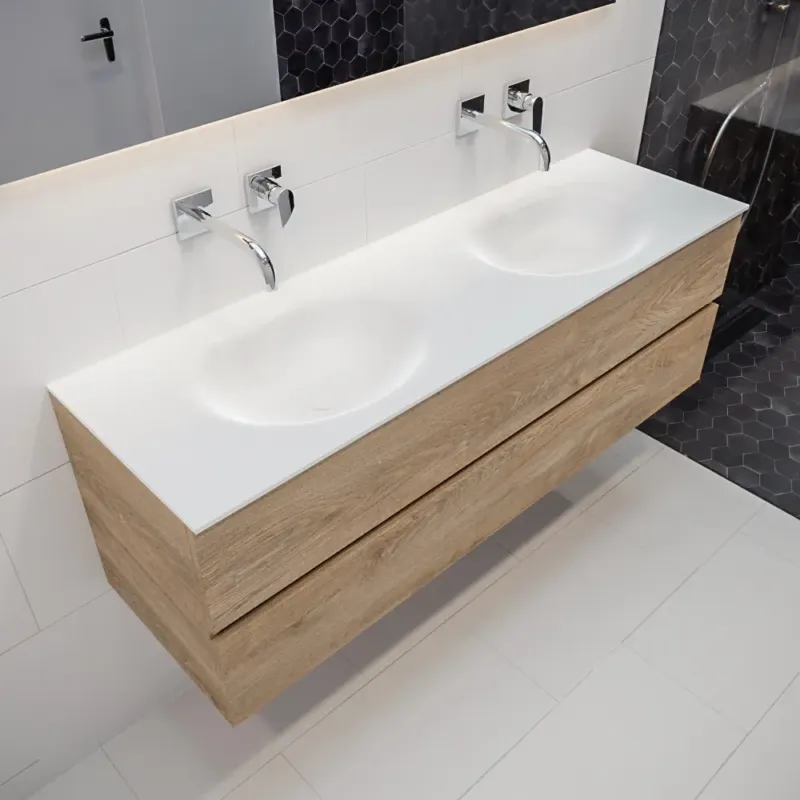 Betaalbaar Mondiaz Vica 150cm badmeubel washed oak 2 lades wastafel Moon dubbel geen kraangat