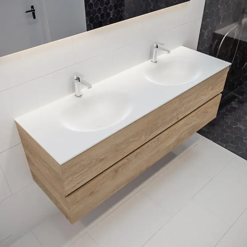 Actieprijs Mondiaz Vica 150cm badmeubel washed oak 2 lades wastafel Moon dubbel 2 kraangaten
