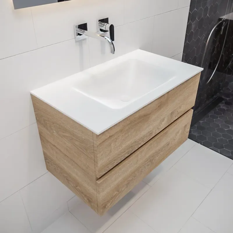 Koop Vandaag Mondiaz Vica 80cm badmeubel washed oak 2 lades wastafel Cloud midden geen kraangat