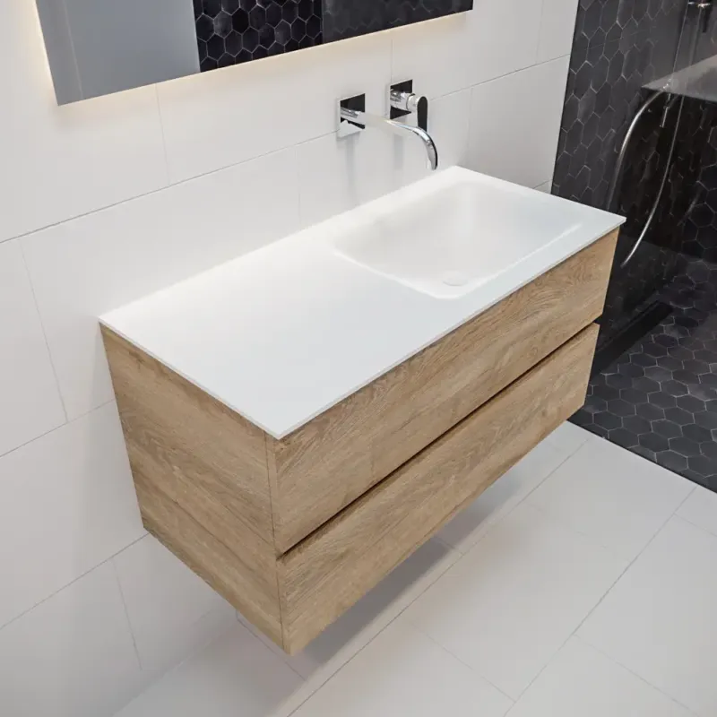 Gereduceerde Prijs Mondiaz Vica 100cm badmeubel washed oak 2 lades wastafel Cloud rechts geen kraangat